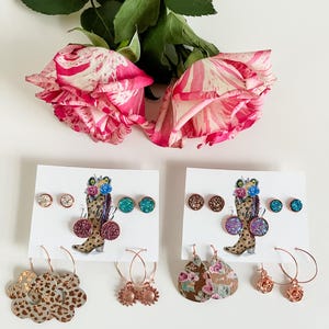 Rose Gold Earring Sets, Stud and Dangle Earring Pack, Rose Earrings, Sunflower Earrings, Sparkly Druzy Stud Earrings, Birthday Gift for Her