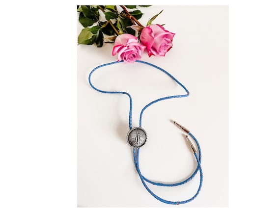 Cactus Bolo Tie Necklace, Blue Western Concho Necklace, Rodeo NFR Jewelry