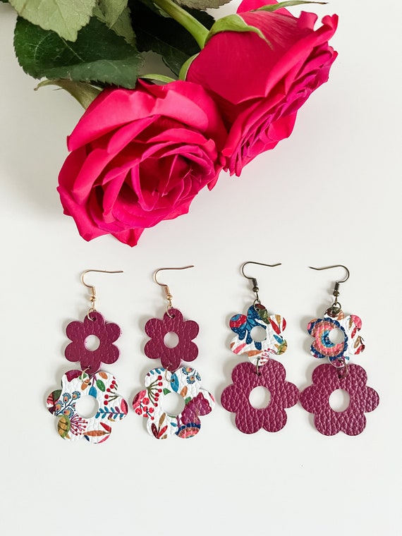 Boho Flower Dangle Earrings in Colorful Floral Print and Berry Leather, Cottagecore Earrings
