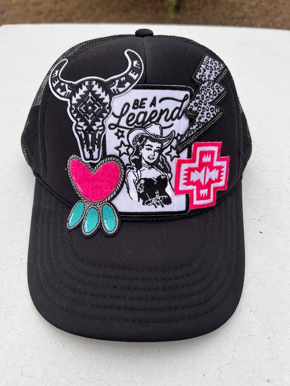 Be a Legend Trucker Hat with Western Patches, Coastal Cowgirl Trucker Hat, Horse Girl Accessories, Unique Black Trucker Hat for Women