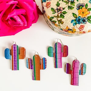 Serape Cactus Earrings, Serape Print Leather Earrings, Cactus Earrings, Southwestern Earrings, Boho Chic Coastal Cowgirl Earrings