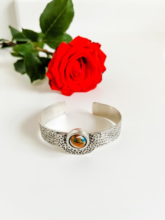 Spiny Turquoise Hammered Silver Cuff Bracelet, Oyster Mohave Turquoise Western Bracelet, Rodeo Jewelry