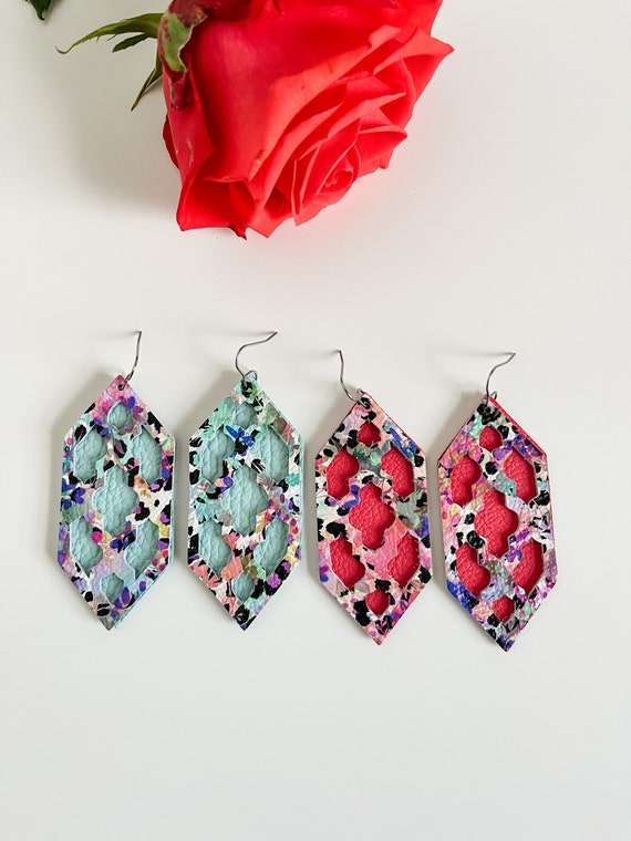 Cottagecore Earrings in Vibrant Floral Print Leather with Black Leopard Spots, Mint Earrings, Peach Earrings