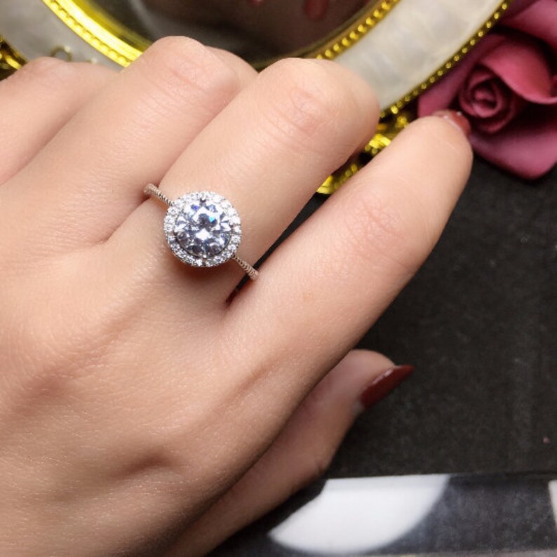 Promise Ring,WeddingRing 1ct Halo Moissanite Silver Ring with Circle Diamond Matching Band,Engagement or Anniversary Ring Gift for her