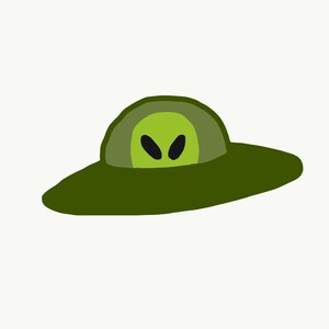 May include: A green alien spaceship with a green dome and two black eyes.