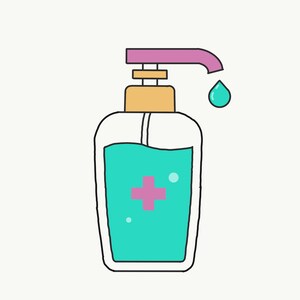 May include: A clear plastic bottle of hand sanitiser with a pink pump and a blue drop of liquid coming out. The bottle has a white label with a pink plus sign.