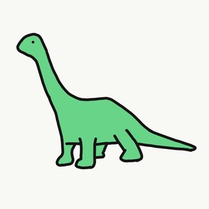 Könnte beinhalten: Ein grüner Cartoon-Dinosaurier mit langem Hals und Schwanz, der auf vier Beinen geht.