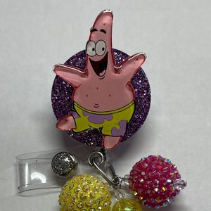 Pink starfish cartoon acrylic badge reel with beads