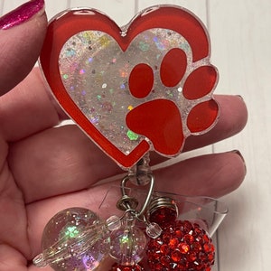 Paw print Heart Love badge reel with bead charms