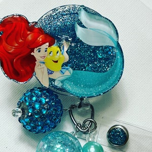 Little Mermaid, Ariel acryloc badge reel with beads