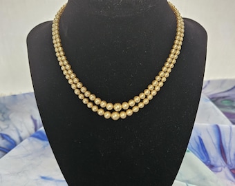 Vintage Double Strand Faux Pearl Necklace Choker Gold Tone 14"