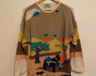 Vintage Cottage Jumper, Cotton Knitted Rainbow Jumper, 1990s Farm Scene Patterned Sweater 80s 90s