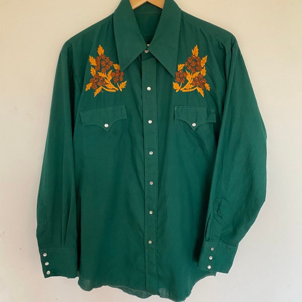 Vintage 1970s Dagger Collar Western Shirt, Green Orange Brown Embroidered 70s Cowboy Shirt