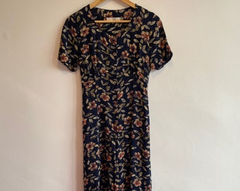 70S 80S ST MICHAEL FLORAL WHITE PINK BLUE MIDI A-LINE SUMMER TEA DRESS UK 10 12