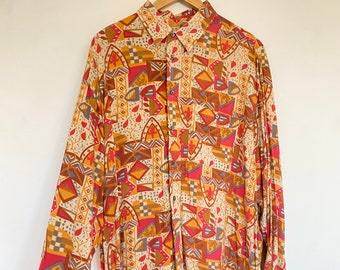 Vintage Patterned Shirt, Orange Long Sleeve Sleeve Abstract Crazy Print, Funky Button Up 80s 90s