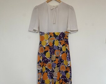 Vintage 70s Fruit Pattern Purple & White Prairie Maxi Dress