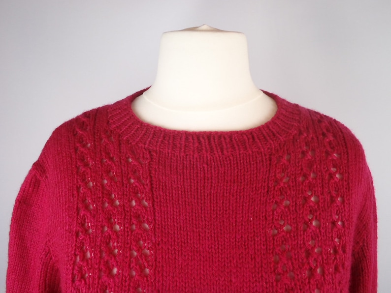Vintage 1970s Cherry Red Cable Knit Lace Pattern Wool Silk Hand Knitted Crew Neck Jumper