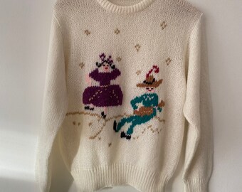 Vintage 90s White Novelty Country / Cottage Core Knitted Jumper