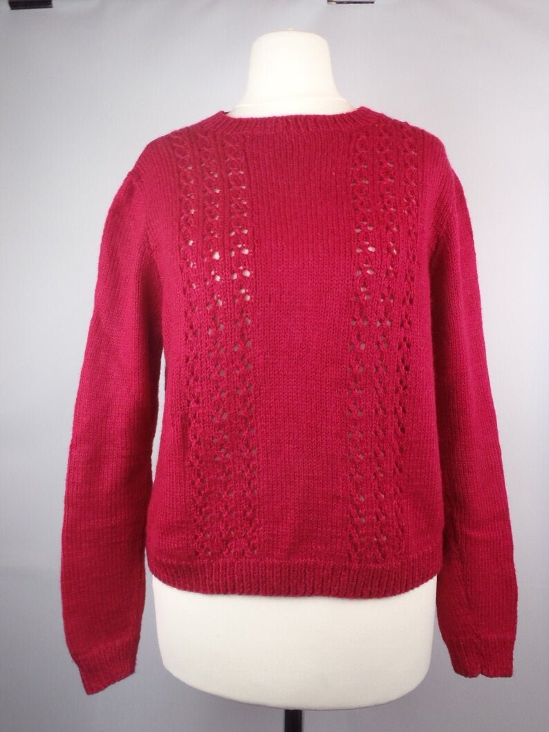 Vintage 1970s Cherry Red Cable Knit Lace Pattern Wool Silk Hand Knitted Crew Neck Jumper