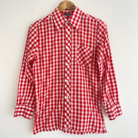 Vintage 1970s Gingham Red & White Check Mod Blous… - image 1