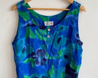 Vintage 90s Abstract Blue & Green Floral Funky Patterned Vest Tank Top
