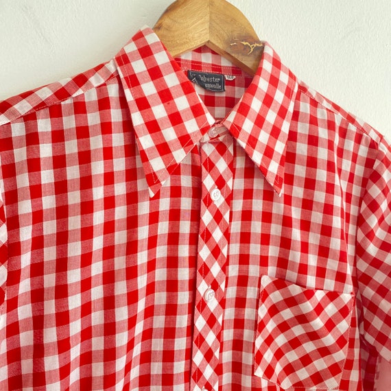 Vintage 1970s Gingham Red & White Check Mod Blous… - image 4