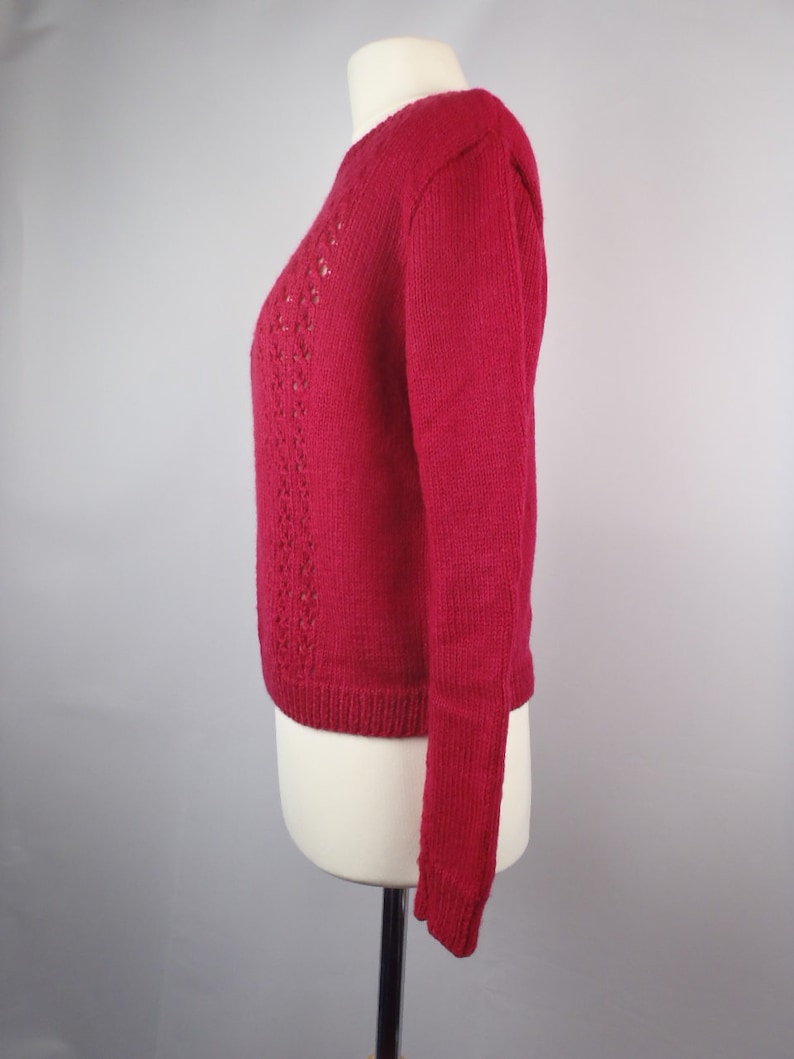 Vintage 1970s Cherry Red Cable Knit Lace Pattern Wool Silk Hand Knitted Crew Neck Jumper