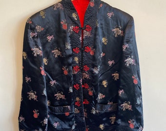 Vintage 1990s Red & Black Reversible Chinese Floral Satin Silk Jacket | Mandarin Collar | Cheongsam | Qipao