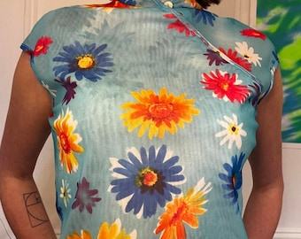 Vintage Blue Rainbow Floral Mesh Top - Size 8-10 Medium