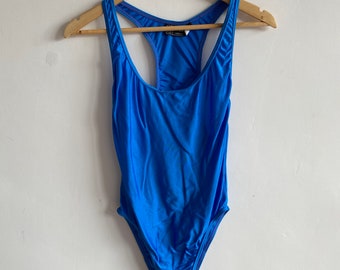 Vintage 80s Electric Blue High Leg Racer Back Body Swim Suit