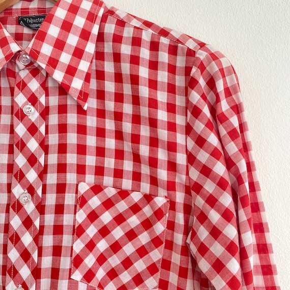 Vintage 1970s Gingham Red & White Check Mod Blous… - image 3