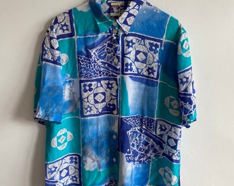 Vintage 90s Abstract Blue & Green Short Sleeve Funky Patterned Hawaiian Shirt