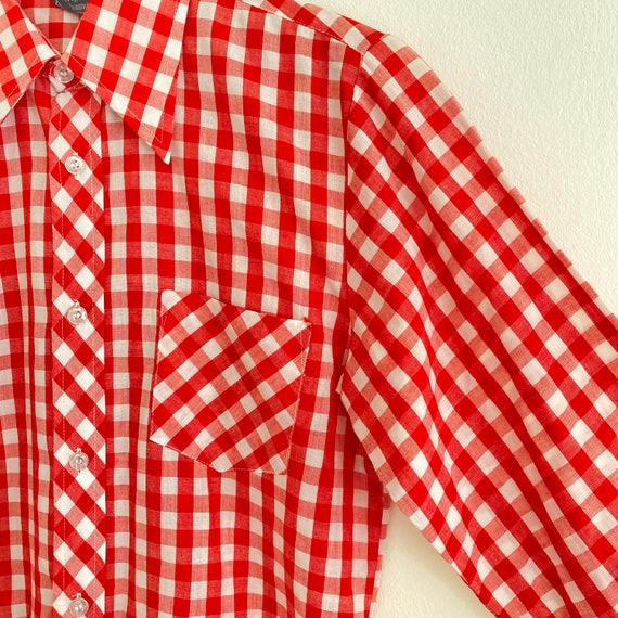 Vintage 1970s Gingham Red & White Check Mod Blous… - image 7