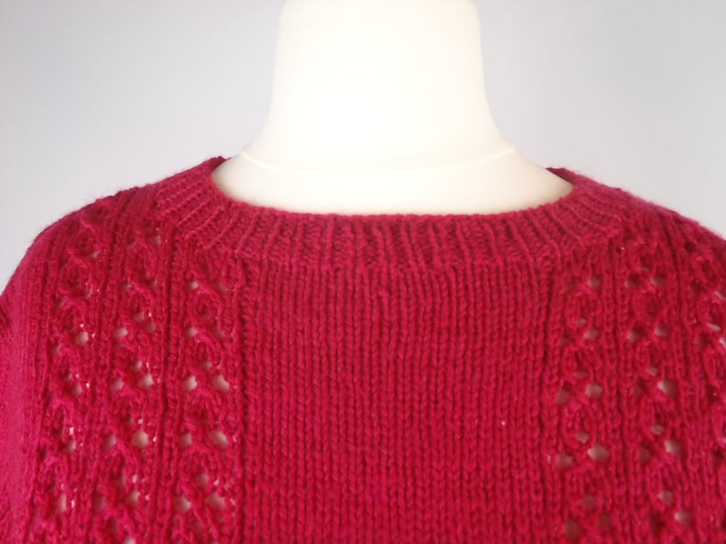 Vintage 1970s Cherry Red Cable Knit Lace Pattern Wool Silk Hand Knitted Crew Neck Jumper