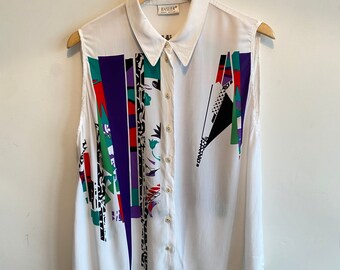 Vintage 90s Abstract White & Rainbow Geometric Funky Patterned Sleeveless Shirt