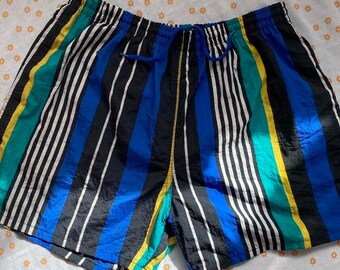 Vintage 90s Colourful Beach Shorts Patterned Striped Retro Summer Holiday Trunks