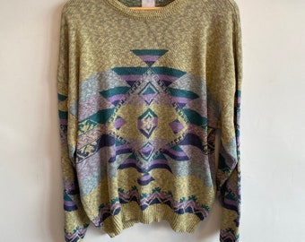 Vintage 1980s Aztec / South American Purple & Yellow Grandad Jumper -  Ugly Knit Sweater