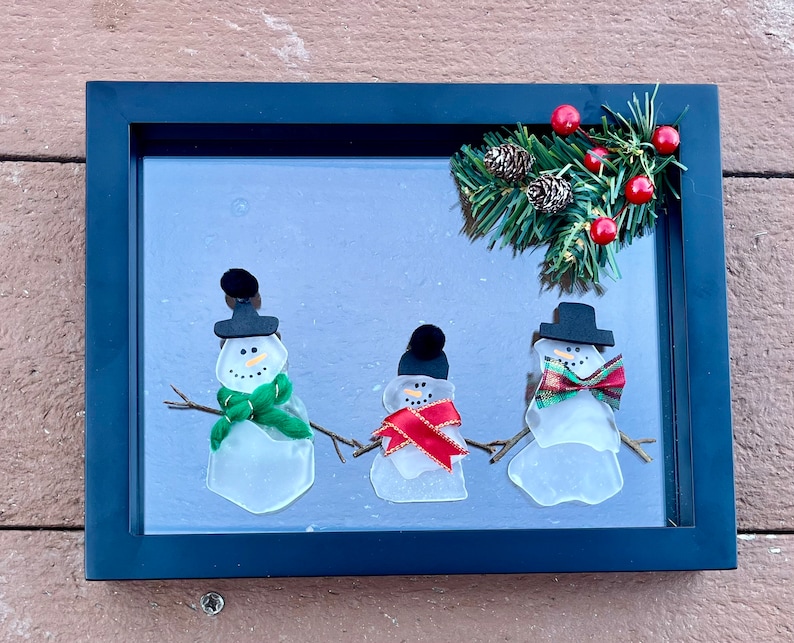 Snowmen Sea Glass Art, Christmas Gift, up Cycled Gift Etsy