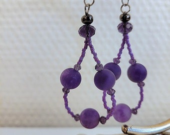 Amethyst Earrings with Round Beads, Handmade Earrings,  purple stones