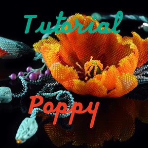 PDF Tutorial beading Orange Poppy Instruction is English 3d beaded poppy Seed bead flower pattern Beaded flower tutorial Step by step scheme