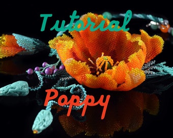 PDF Tutorial beading Orange Poppy Instruction is English 3d beaded poppy Seed bead flower pattern Beaded flower tutorial Step by step scheme