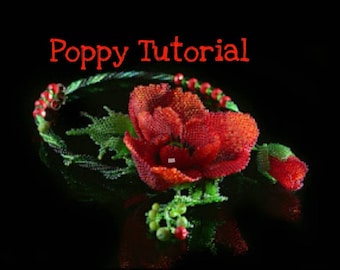 PDF tutorial beading Red Poppies Diagrams Patterns, Photos. Step by step schemes The instruction is in English. Level of mebium Peyot stitch