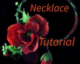 Necklace Tutorial DIY, Beaded necklace poppy 3d, Master class ,Unusual beadwork, Seed bead flower patterns, Step by steps diagrams, English