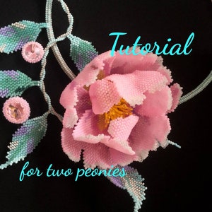 May include: A beaded necklace with two pink peonies and green leaves. The necklace is on a black background. The text "Tutorial for two peonies" is written below the necklace.