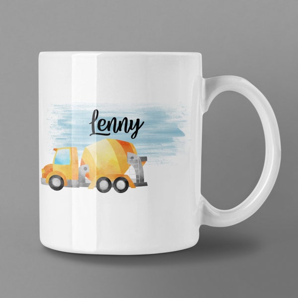 Kindertasse mit Bagger & Name | LKW | Tasse für Jungs