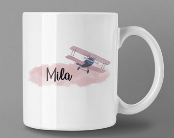 Kindertasse mit Flugzeug & Name | personalisierte Tasse mit Wunschdruck | Tasse mit Name | Jungs | Mädchen | Kinder | Tasse für Kinder