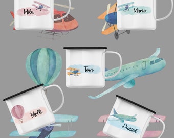 Enamel cup with name & airplane | Desired text | Enamel | Personalized | Airplane | Helicopter | Cup for children| Balloon