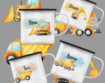 Enamel children's cup with excavator & name | Truck | Cup for boys