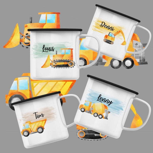 Enamel children's cup with excavator & name | Truck | Cup for boys