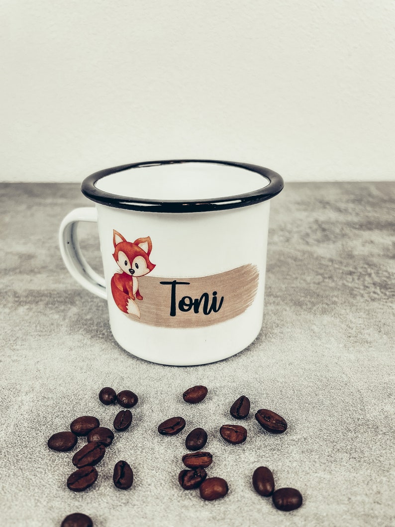 Personalized enamel cup with animals & wish print for children girls, boys or whole family image 1